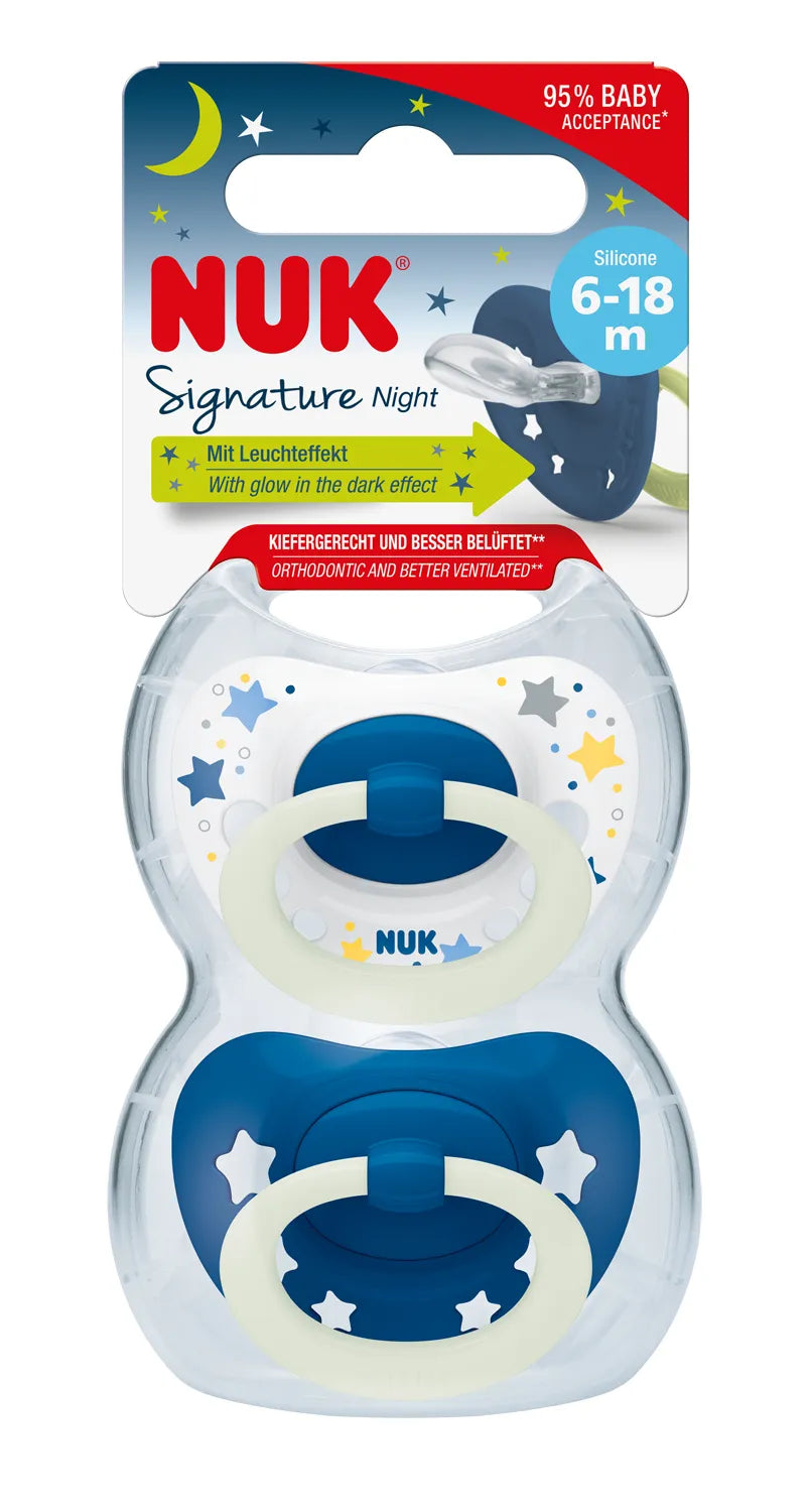 NUK Signature Night Soothers Silicone 6-18 months Blue Twin Pack