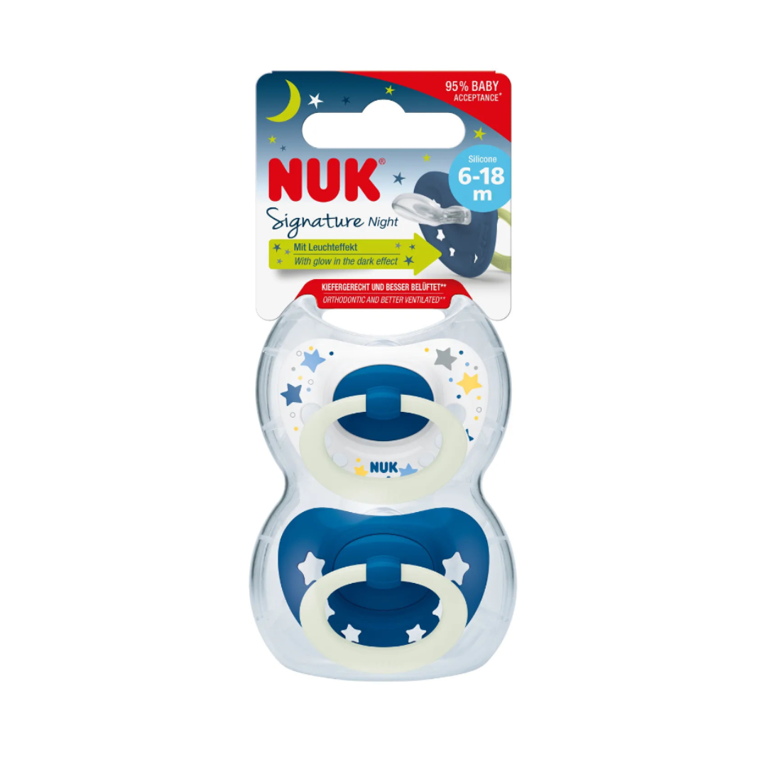 NUK Signature Night Soothers Silicone 6-18 months Blue Twin Pack