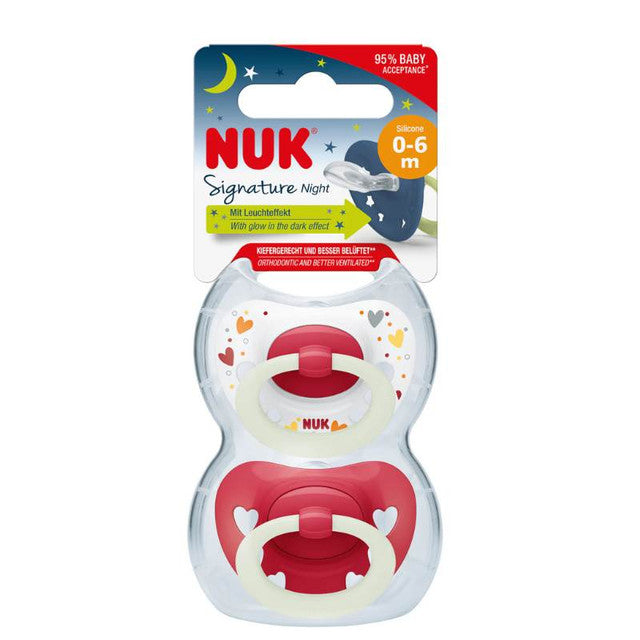 NUK Signature Night Soothers Silicone 6-18 months Blue/Red Twin Pack