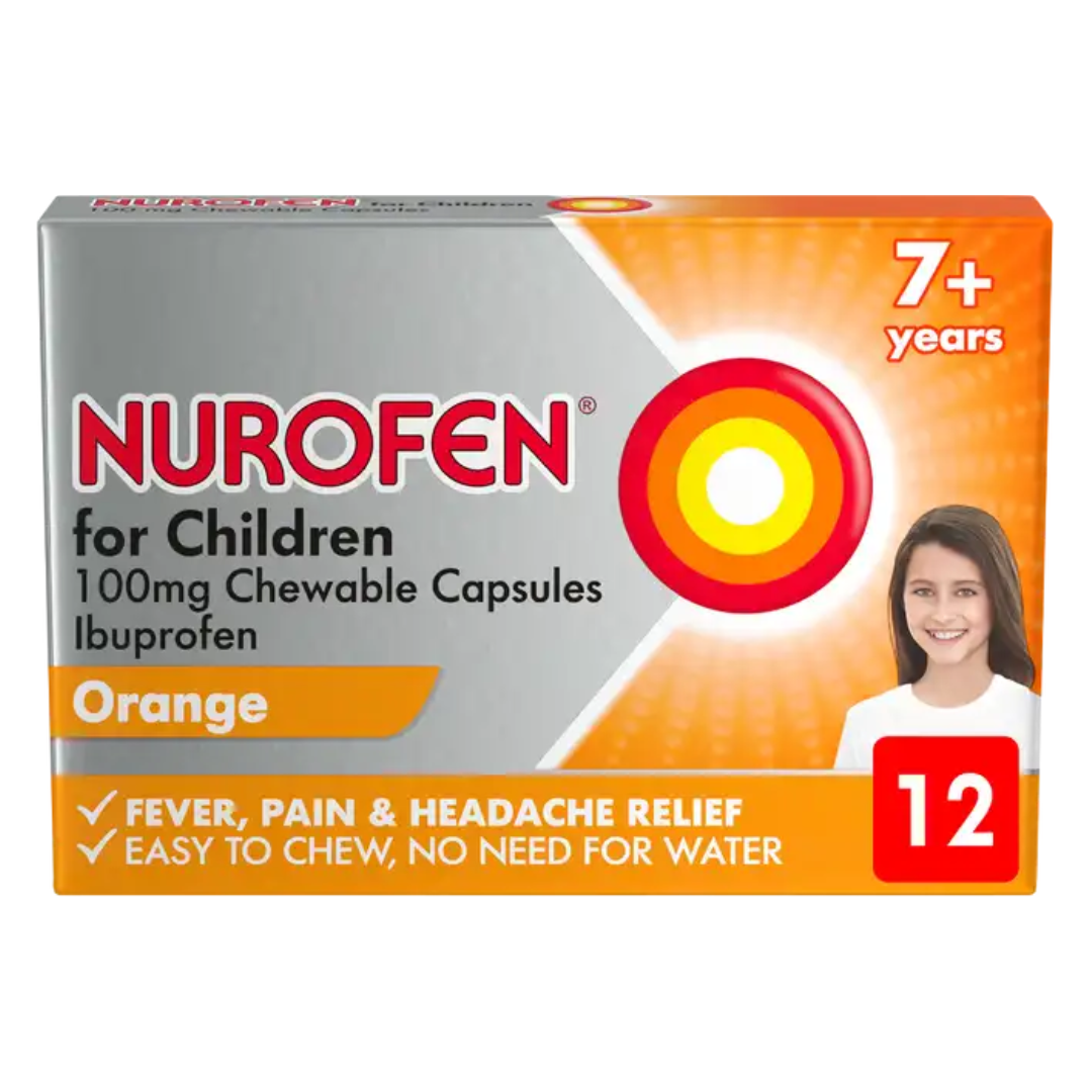 NUROFEN for Children 100mg Chewable Capsules 7yrs+ Ibuprofen (Orange)