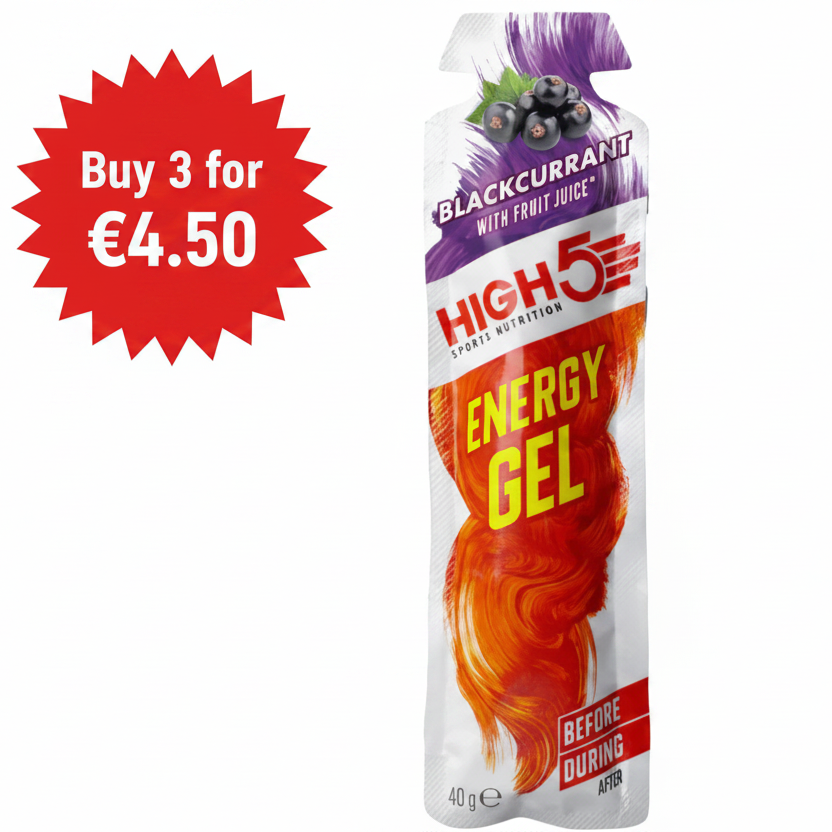 A 40 g pouch of High5 Energy Gel in blackcurrant with fruit juice flavor, featuring a white and orange design with a purple header and berry illustration.