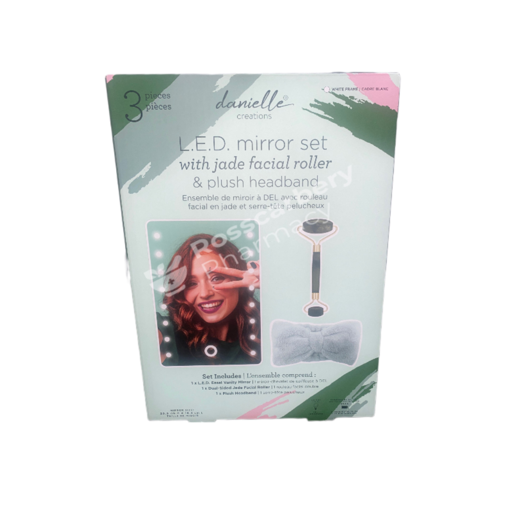 Danielle Creation L.E.D Mirror Set with Jade Facial Roller and Plush Headband