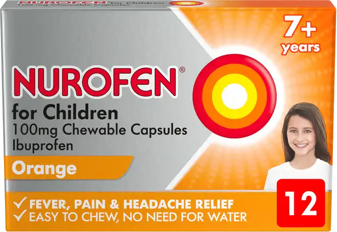 NUROFEN for Children 100mg Chewable Capsules 7yrs+ Ibuprofen (Orange)